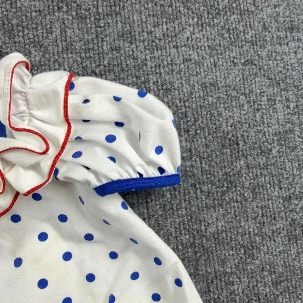 VTG Polka Dot Outfit Set Girls 18-24M White Blue Top Shorts 2 Piece Bow Stripe